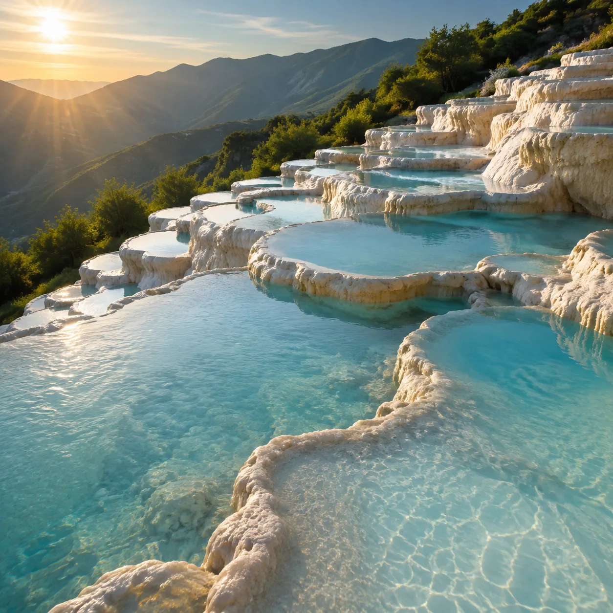 Baishuitai natural travertine terraces with mineral-rich turquoise pools cascading down white limestone hillside in morning light in Shangri-La Yunnan
