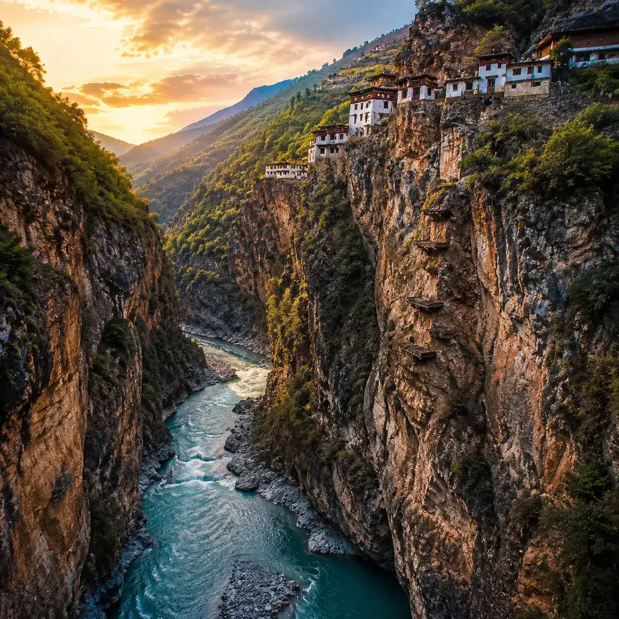 Balagezong Grand Canyon dramatic cliffs with hanging coffins and traditional Tibetan village nestled in narrow valley in Shangri-La Yunnan