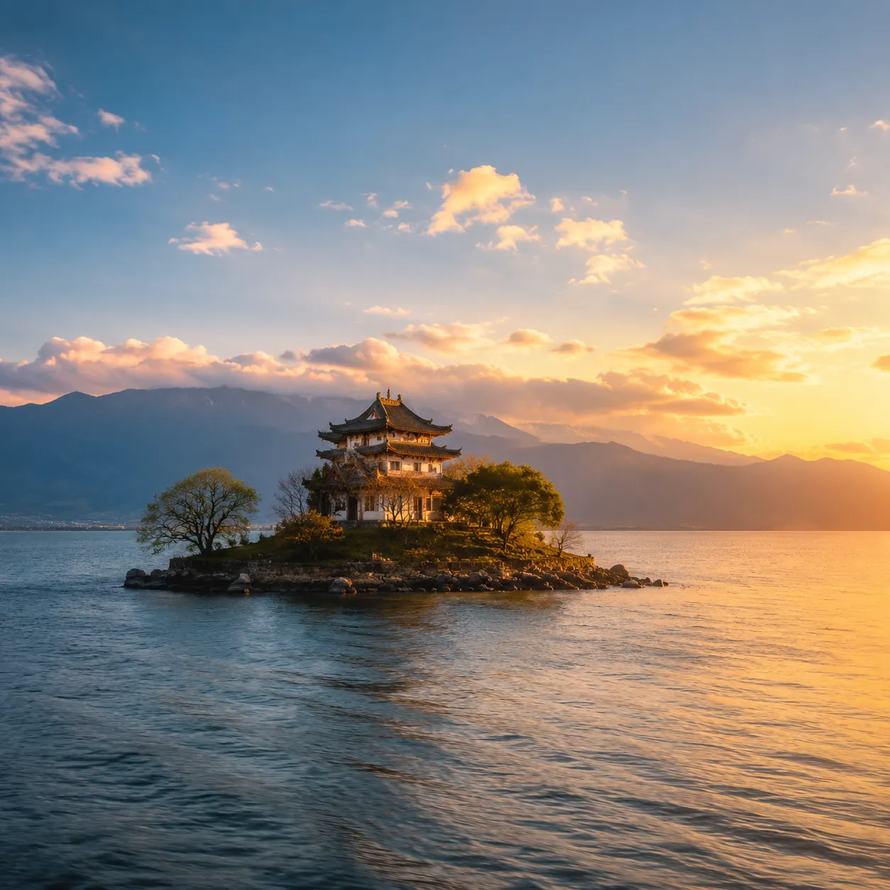 Dali ancient town with Erhai Lake turquoise water Cangshan Mountain and traditional Bai architecture in Yunnan China