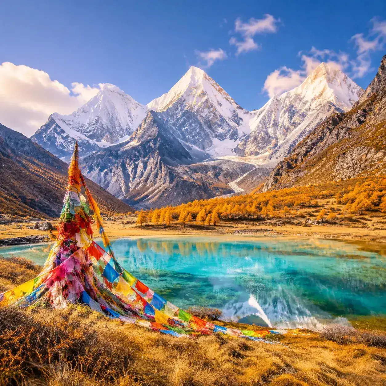 Daocheng Yading nature reserve with three sacred snow mountains and turquoise alpine lake in autumn colors Sichuan China