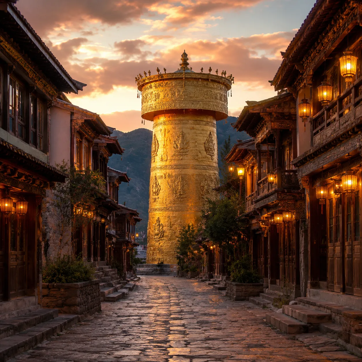 Dukezong Old Town ancient cobblestone streets with traditional Tibetan wooden buildings and giant golden prayer wheel at dusk in Shangri-La Yunnan