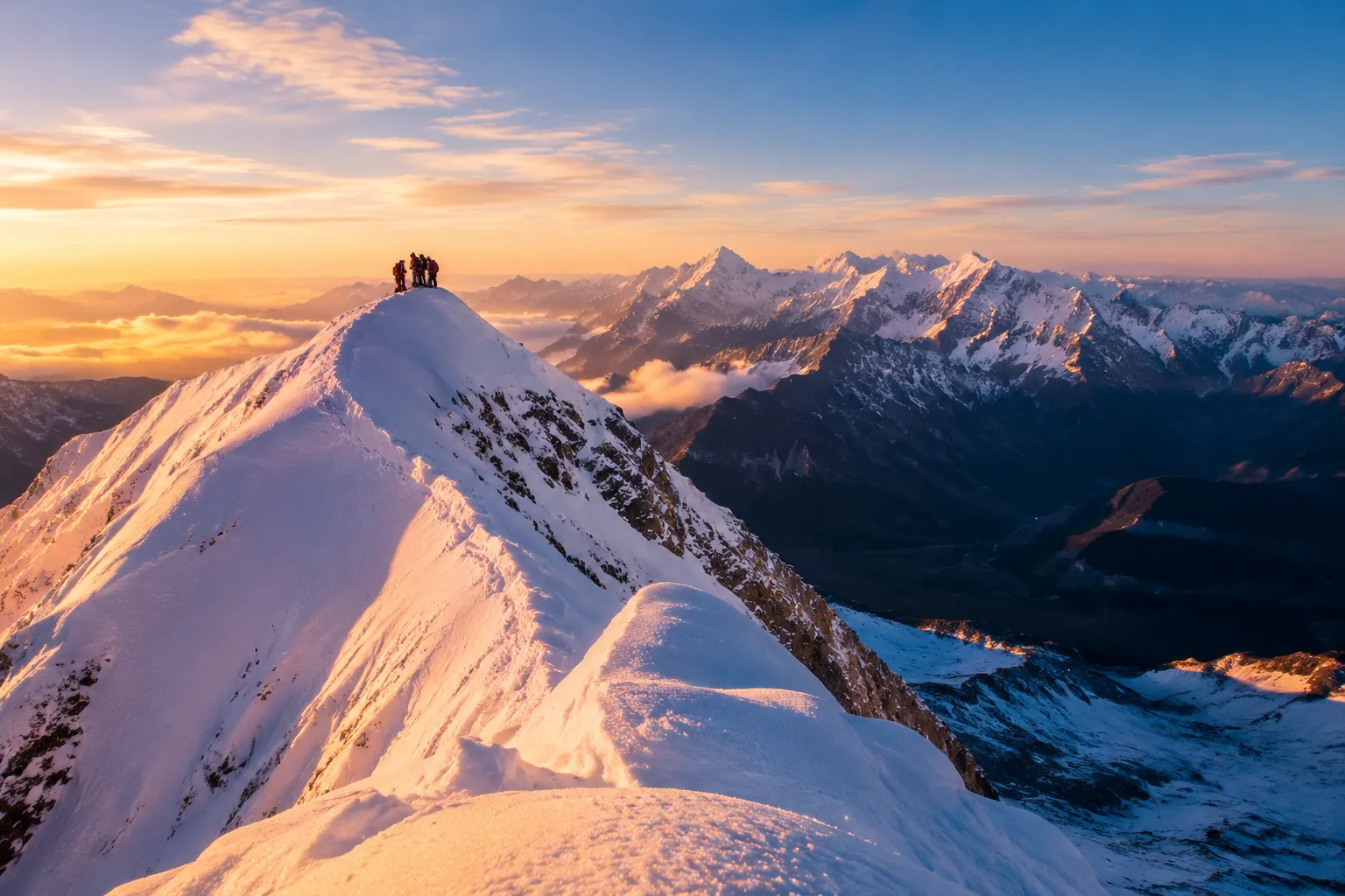 Haba Snow Mountain 5396 meter peak with glaciers and mountaineers on summit ridge overlooking Jade Dragon Snow Mountain in Shangri-La Yunnan