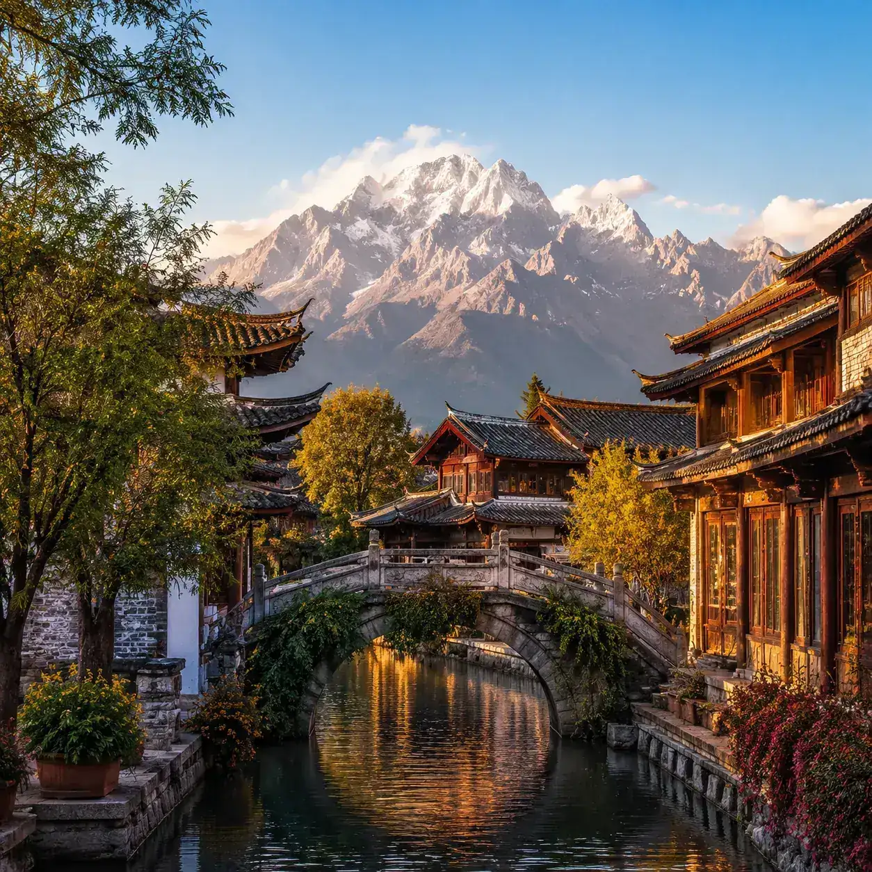 Lijiang UNESCO World Heritage old town with ancient canals stone bridges and Jade Dragon Snow Mountain in background Yunnan China