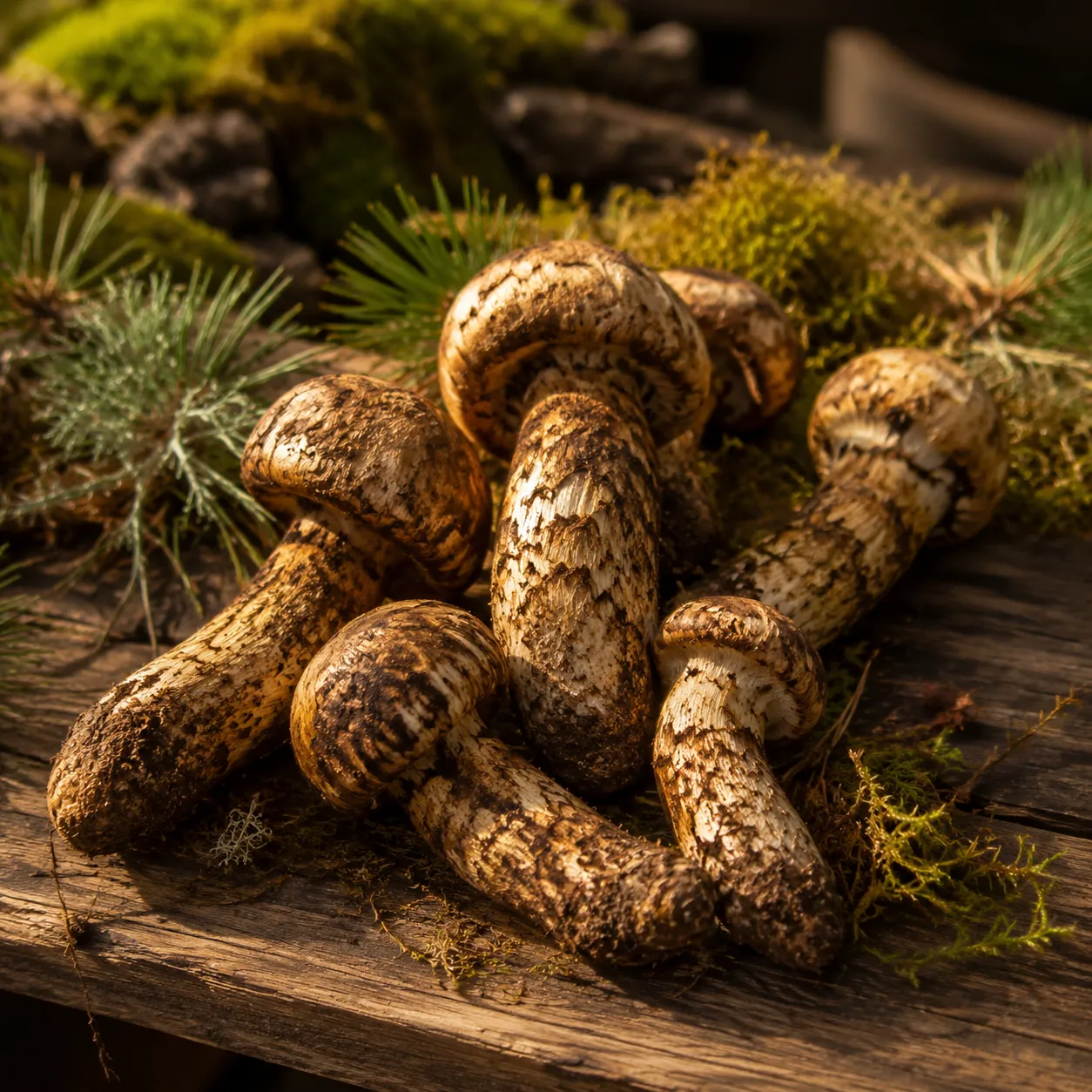 Fresh wild matsutake mushrooms from Shangri-La Yunnan forests arranged on wooden board ready for cooking