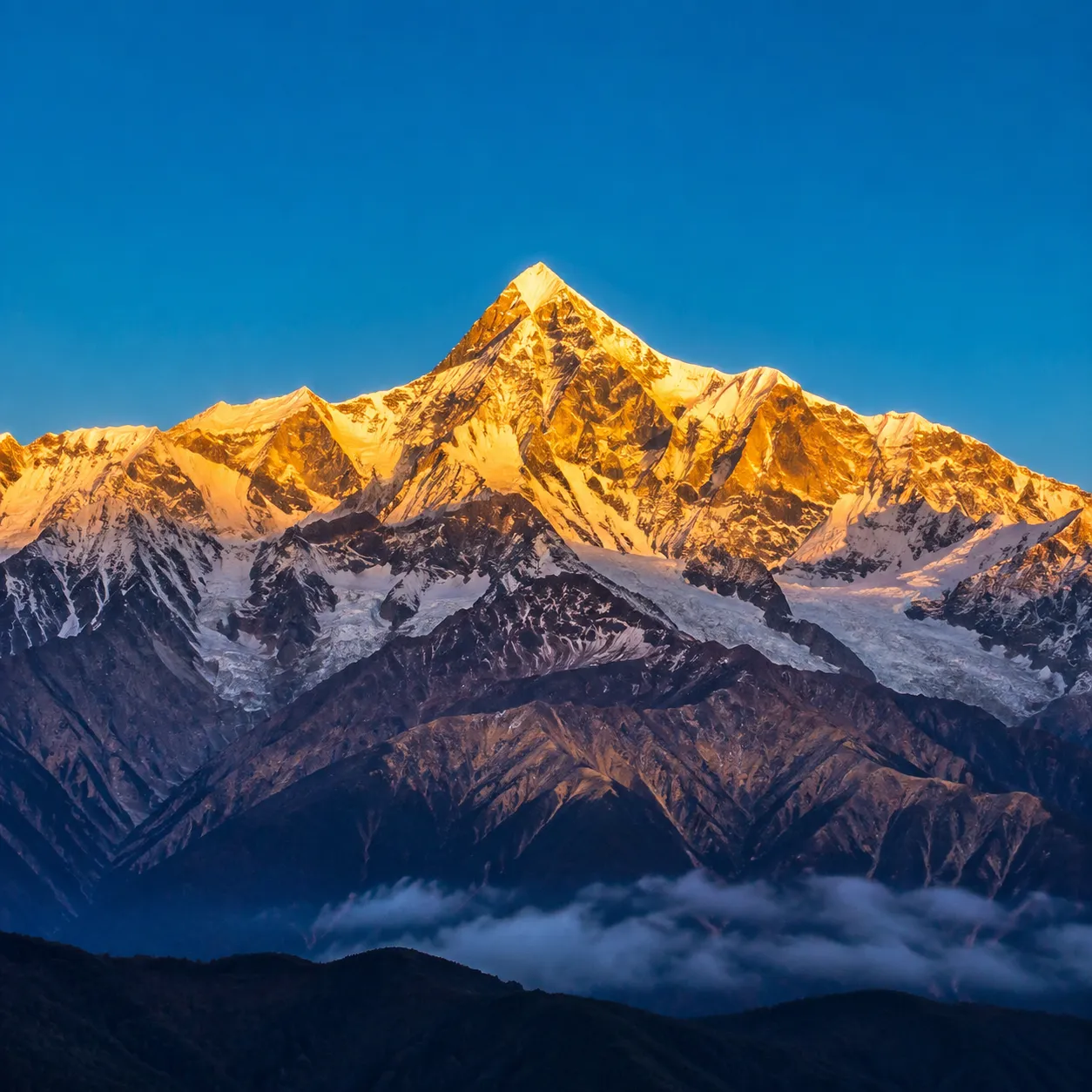 Meili Snow Mountain sacred Kawagebo peak at 6740 meters glowing golden orange at sunrise viewed from Feilai Temple in Yunnan China