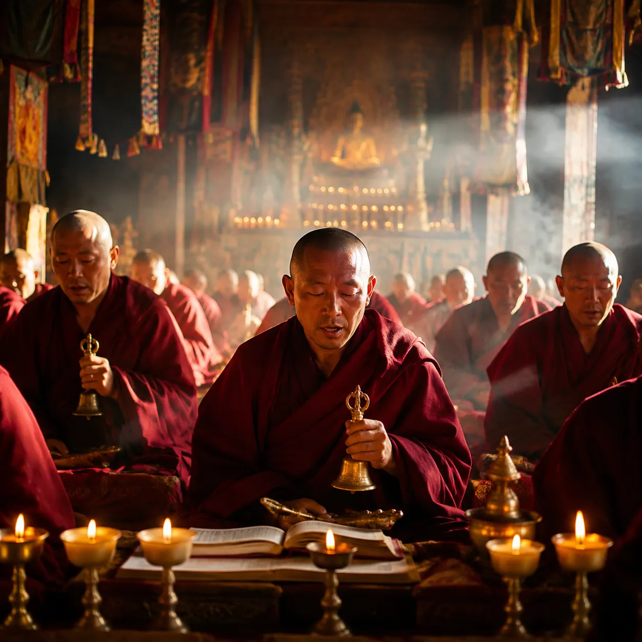 Monks in burgundy robes gathered for morning chanting ceremony inside Songzanlin Monastery prayer hall Shangri-La Yunnan