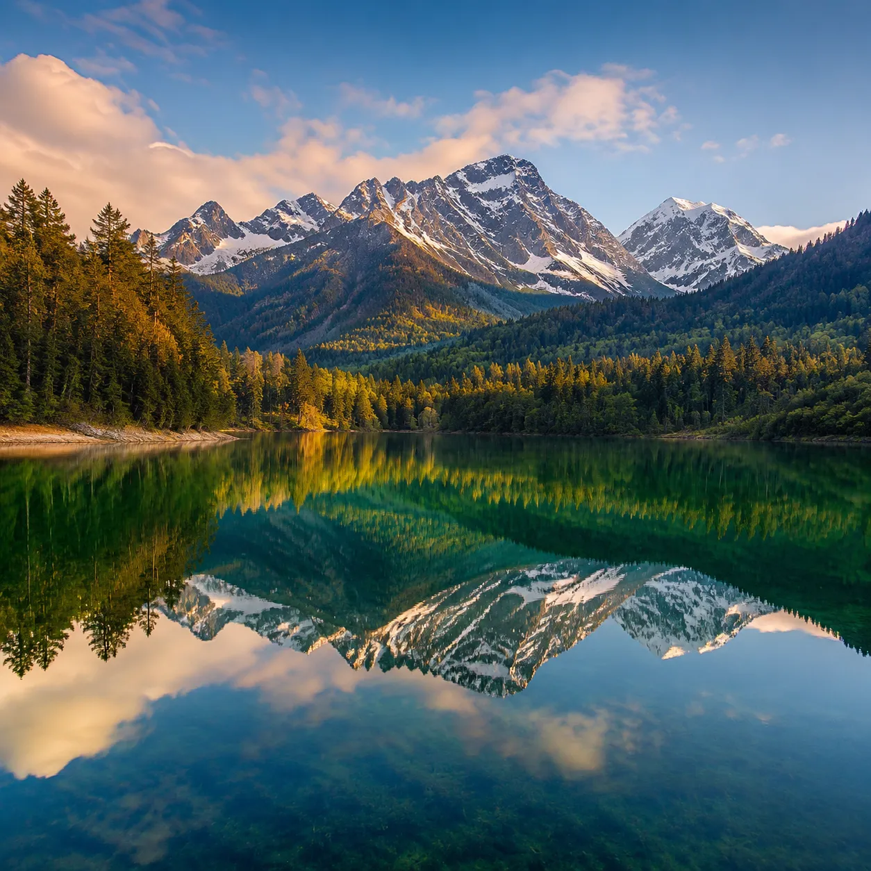 Pudacuo National Park pristine alpine lake Shudu Lake with forested shoreline crystal blue water and mountain reflections in Shangri-La Yunnan
