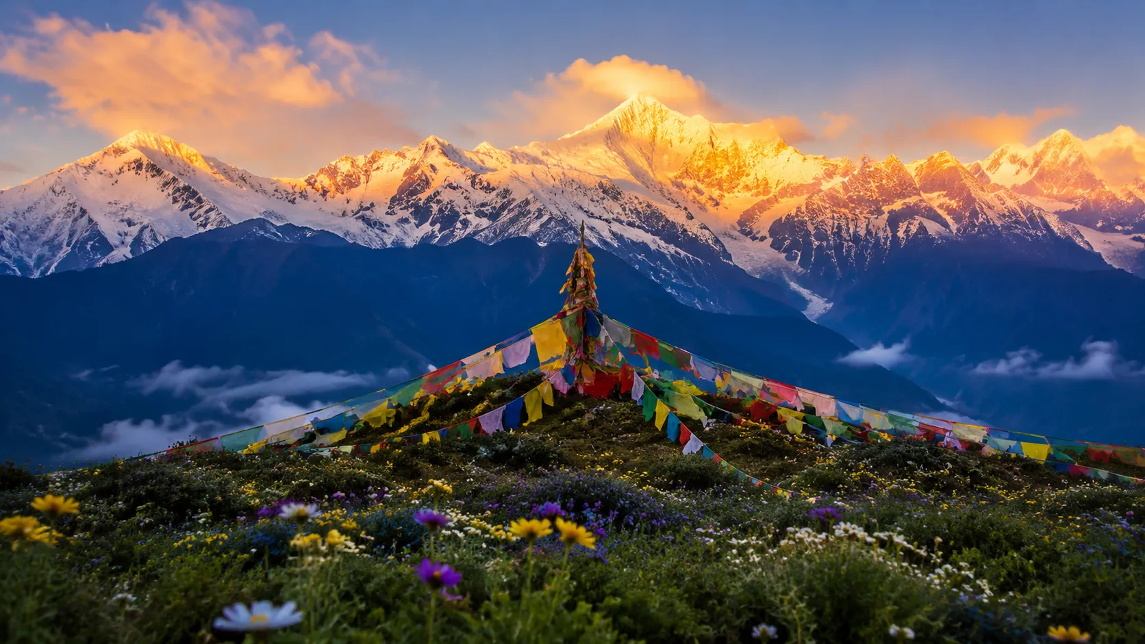 Shangri-La Yunnan panoramic landscape with Meili Snow Mountain at golden sunrise, Tibetan prayer flags in foreground, alpine meadow