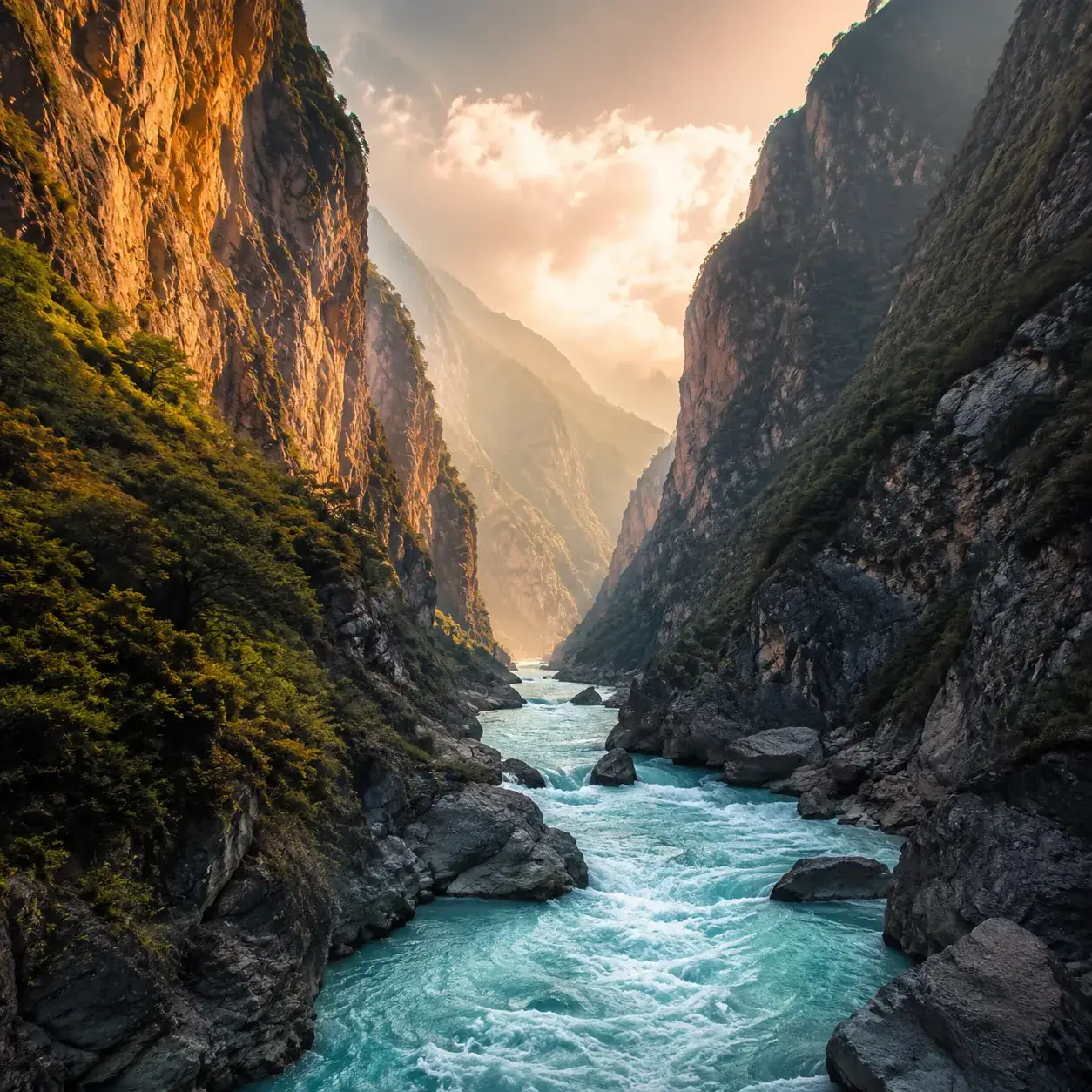 Tiger Leaping Gorge dramatic deep river canyon with Jade Dragon Snow Mountain towering above Jinsha River rapids in Yunnan China