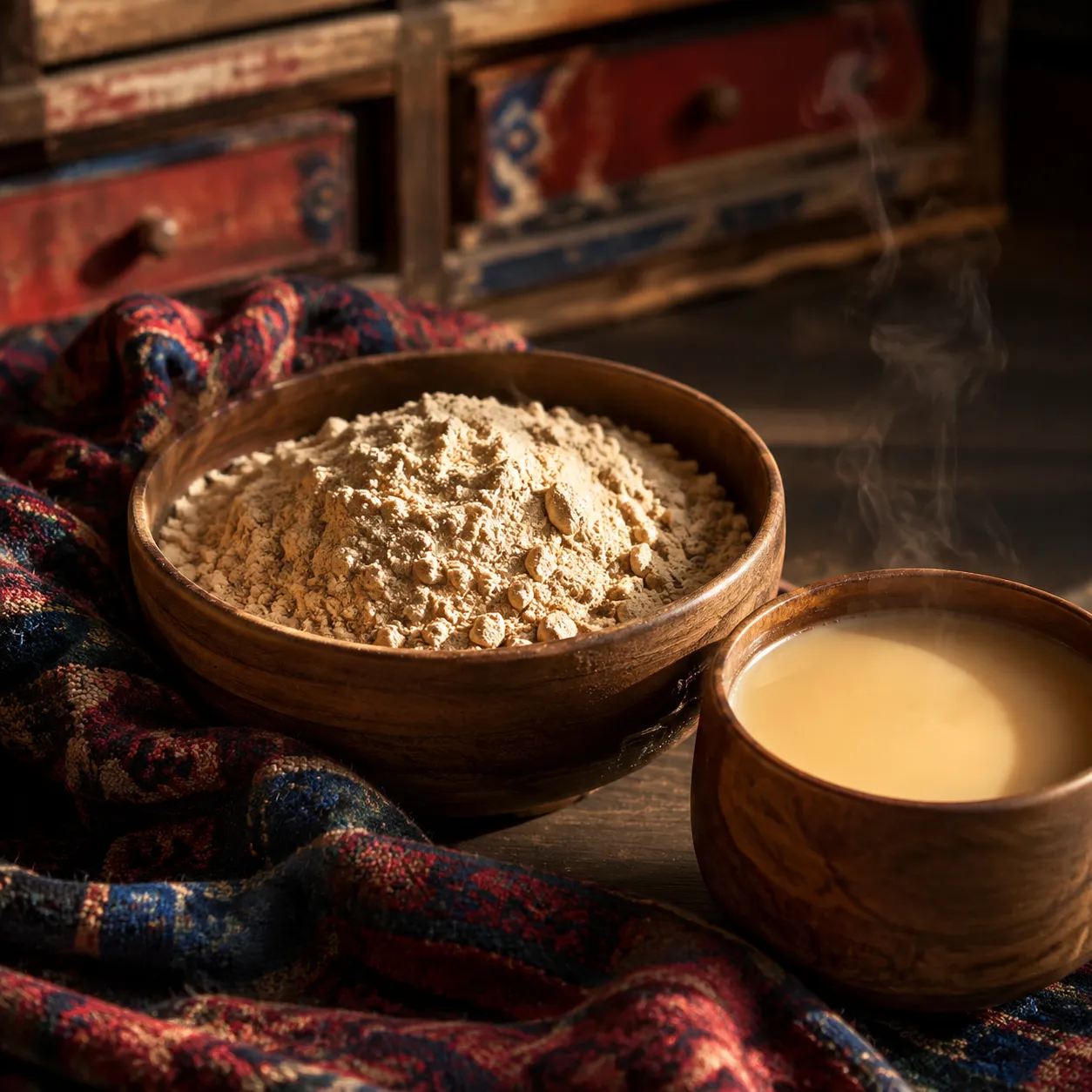 Tsampa roasted highland barley flour mixed with butter tea into dough being prepared by Tibetan hands in Shangri-La Yunnan