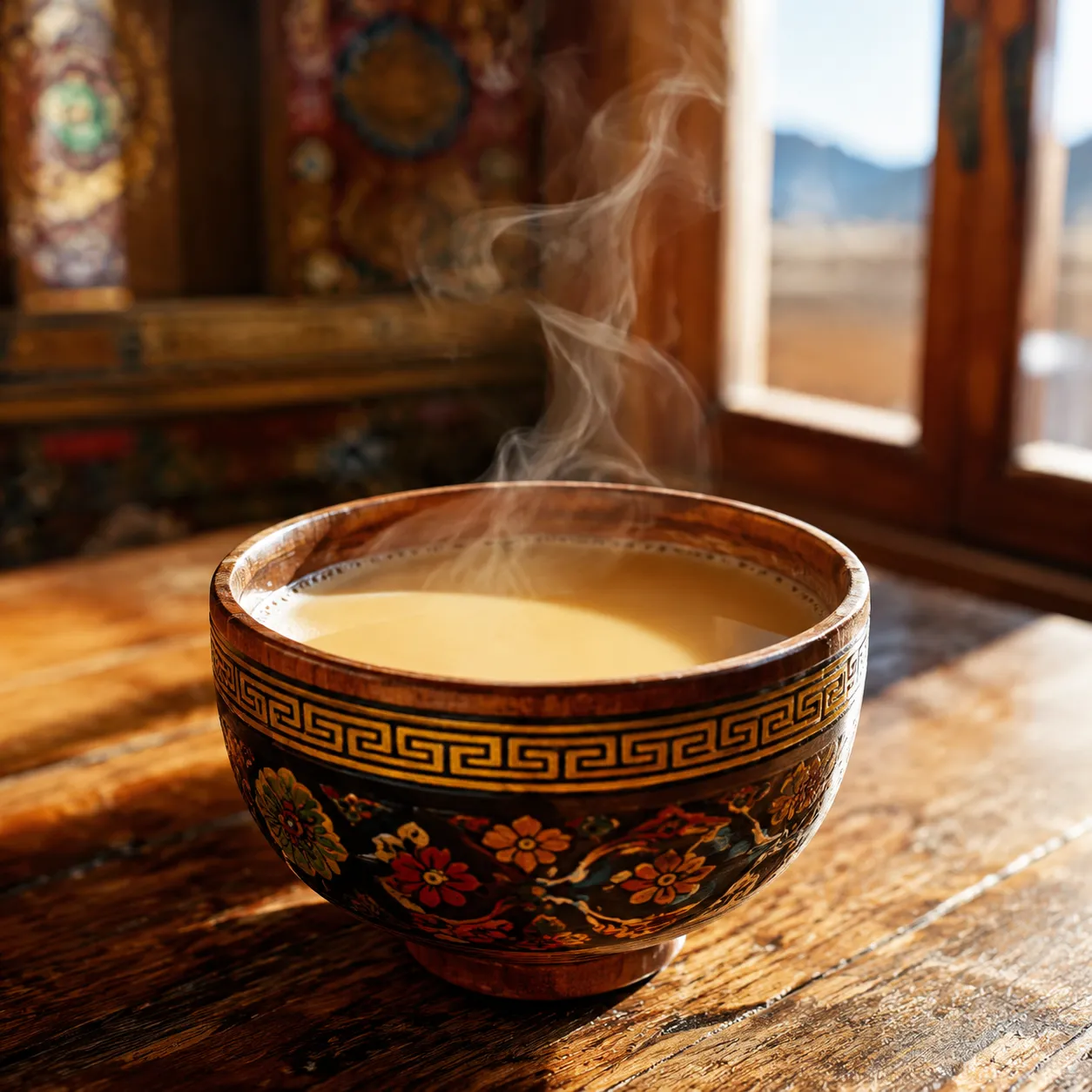 Traditional Tibetan yak butter tea being churned in wooden bowl with salt and tea leaves in Shangri-La Yunnan