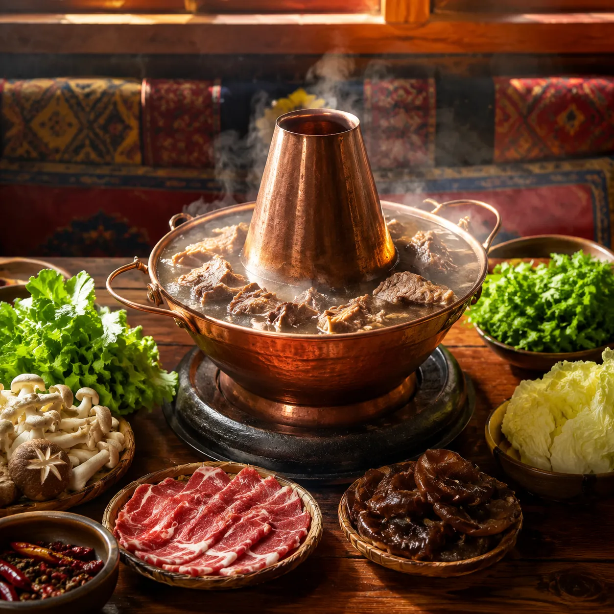 Yak meat hotpot simmering in spicy broth with local vegetables and mushrooms in traditional copper pot Shangri-La Yunnan